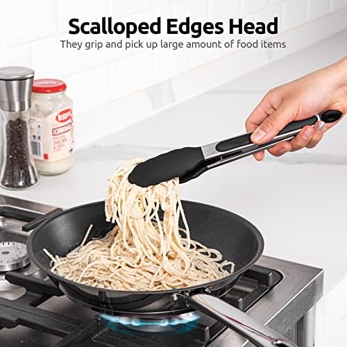 Heat Resistant Silicone Kitchen Tong: U-Taste 9 inch 480ºF Hot Proof Cooking Tong with Firm Sealed Non Stick Rubber Tips & Silicon Coated Steel Handle & Smooth Locking for Serving Grill Salad (Black)