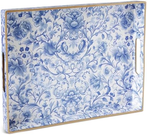 Serving Tray with Handles, Rectangular Plastic Tray 15.75x11.81 Inch, Blue and White Peony Chinese Porcelain Style Decorative Tray for Kitchen, Dining Table, Vanity, Office & Home