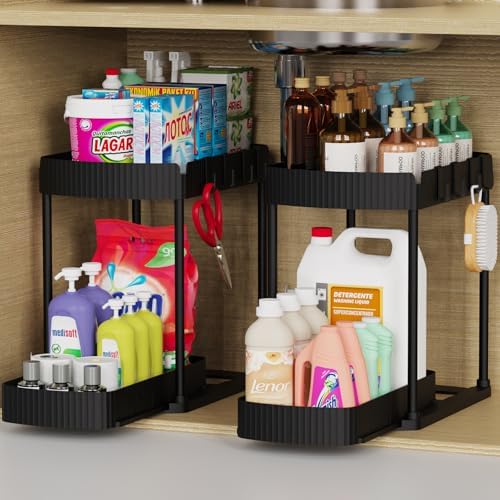 2 Packs Under Sink Pull-Out Storage Organizers, 12.8 Inches, Black