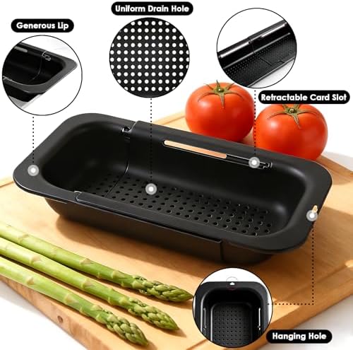 Extendable Colander Strainer Basket, Over the Sink Colander and Strainer for Kitchen, Wash Vegetables and Fruits, Drain Pasta and Dry Dishes, Adjustable Colander from 13.5In to 18.7In, Black