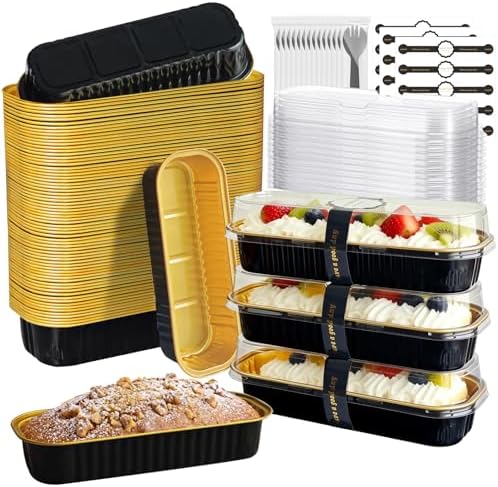 Mini Cake Pans With Lids And Spoons 50 Pack,6.8 oz Rectangle Mini individual Loaf Pans Disposable Aluminum Foil Small Baking Cups Tins (50, black)