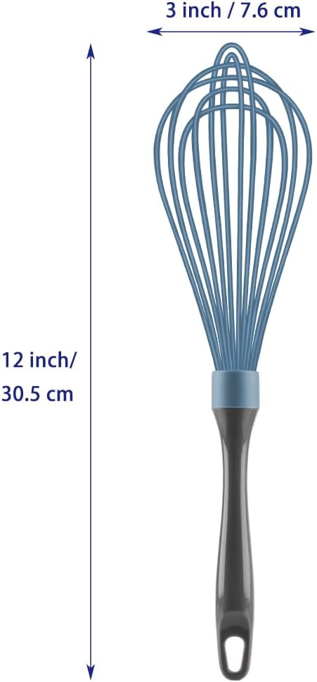 Blue Silicone Whisk, Professional Plastic Whisks for Cooking Non-Scratch, Stainless Steel & Heat Resistant Rubber Wisk, Dishwasher Safe Whisk, 12-Inch