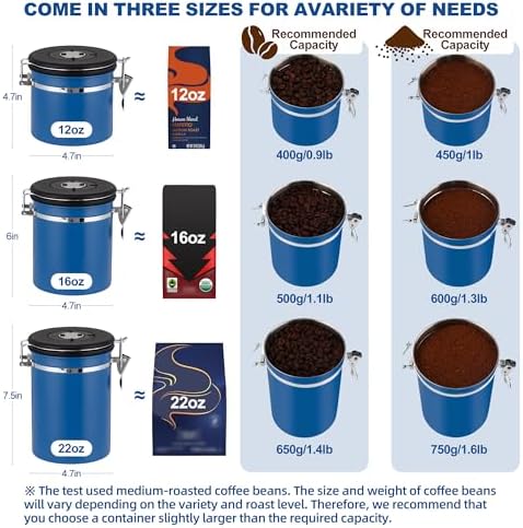 ShanSon Coffee Canister Airtight, Stainless Steel Bean Storage Container with Date Tracker & Scoop, Grounds Sugar Flour Tea Cereal Fits Kitchen Pantry, Ideal Gift for Coffee Lovers,22oz,Blue