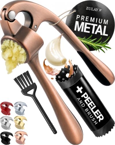Zulay Kitchen Premium Garlic Press Set - Rust Proof Professional Garlic Mincer Tool - Easy-Squeeze, Easy-Clean with Soft, Ergonomic Handle - Silicone Garlic Peeler & Brush (Copper)