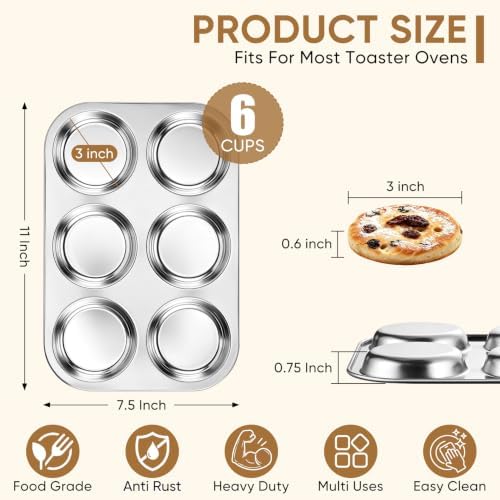 TeamFar Muffin Top Pan, 6 Cavity Stainless Steel Shallow Cupcake Pan