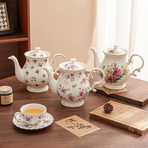 white ceramic floral teapot，35.5oz for tea party，vintage teapot for tea, floral tea (Multicolor Floral, 35.5oz)