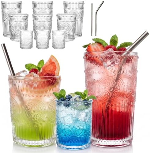 CycleMore 12Pc SunFlower Drinking Glasses,15oz + 12oz + 4oz Clear Cup