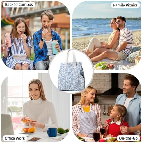 TELLUMO Quilted Floral Lunch Bag for Women, Cute Insulated Blue & White Small Lunch Box, Reusable Leakproof Tote for Work Office