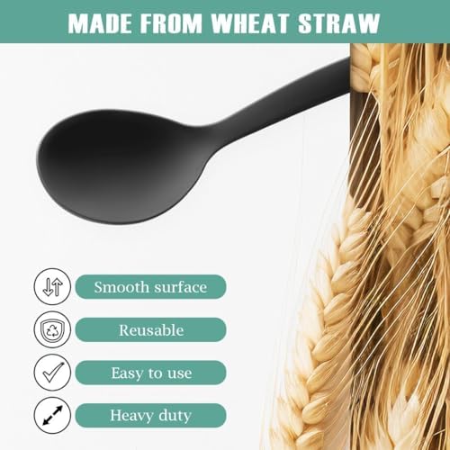 Reusable Plastic Serving Utensils Set of 12, Wheat straw Large Serving set 10" Serving Spoons/10" Slotted Spoons/9.4" Tongs, for Party Buffet Catering (Black, Not for Cooking)