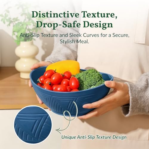 Homienly Wheat Straw Bowl Set of 6-60 OZ Large Salad Bowls,Microwave and Dishwasher Safe Bowl Set, Alternative for Plastic Bowls for Serving Soup,Popcorn Bowl for Kitchen - Blue