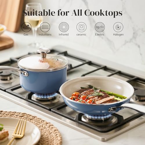 Redchef Saucepan & Frying Pan Set, 8" Ceramic Frying pan & 2.5Qt Saucepan with Lid, Cookware Set, Induction Compatible, Nontoxic PTFE PFOA Free, Oven & Dishwasher Safe, Blue