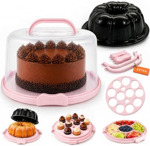 10in Buntz Cake Pan Non Stick & 12in Cake Carrier with Lid-Handle, Pink