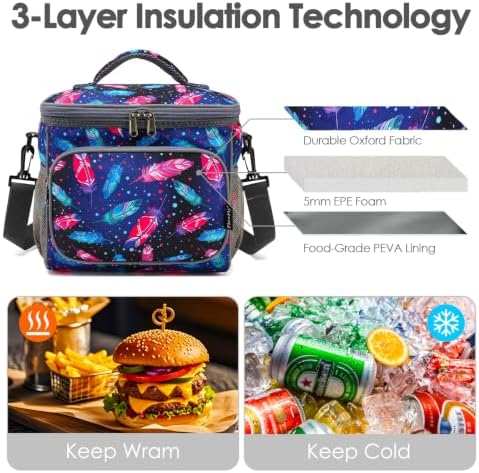 FlowFly Insulated Reusable Lunch Bag Adult Large Lunch Box for Women and Men with Adjustable Shoulder Strap,Front Zipper Pocket and Dual Large Mesh Side Pockets,Feather
