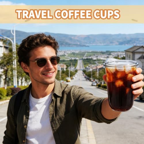 50 Pack 18 oz Clear Plastic Iced Coffee Cups with Strawless Sip Lids