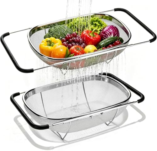 Palksky Over the Sink Colander, Stainless Steel Fine Mesh, 6 Quart 2 Pack