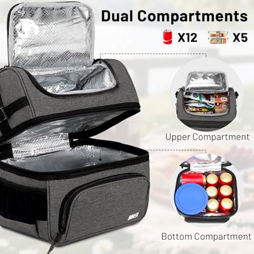 MIER Lunch Box for Men - Dual Compartment Adult Lunch Bag for Work, Grey