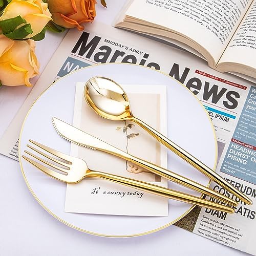 SUT 300 Pcs Gold Plastic Cutlery, Gold Utensils Disposable, Gold Plastic Silverware Set Include 100 Gold Plastic Forks, 100 Gold Plastic Spoons, 100 Gold Plastic Knives Heavy Duty Flatware for Party