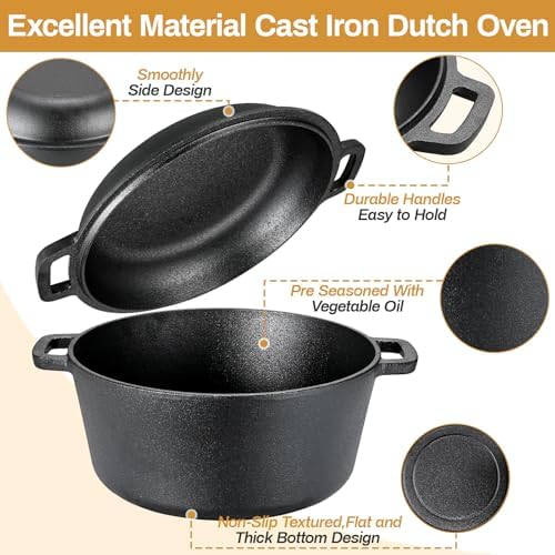 TLGREEN Cast Iron Dutch Oven 6.7QT Pot 2.5QT Skillet Lid Silicone Holders