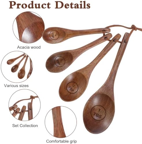 Nogeqi 4PCS Wooden Measuring Spoons Set, Natural Acacia Wooden Table Spoons Measuring Spoon Tablespoon Scoop Teaspoon Scoop for Measure Dry Ingredients, Includes 1/4, 1/2, 1 Tsp and 1 Tbsp