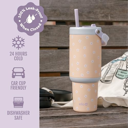 Ello Oasis Go+ 32oz Insulated Stainless Steel Tumbler with Straw, Daisies