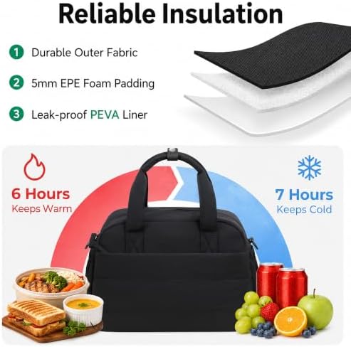 CAMTOP Lunch Box for Women Men Insulated Lunch Bag Lunch Tote Bag Leakproof Thermal Cooler Large Capacity for Travel Work School Picnic (Black, Medium)