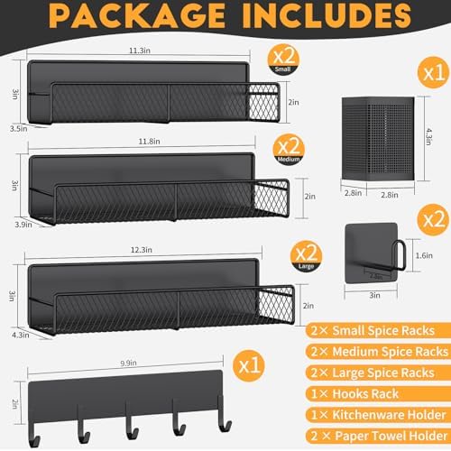 Magnetic Spice Rack for Refrigerator, 10 Pack 100% Metal Strong Magnet Shelf, Moveable Spice Organizer W/ Adjustable Paper Towel Holder, Hook Rack & Utensil Caddy, Home Kitchen Laundry Storage, Black