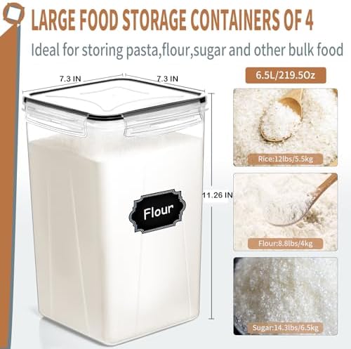 4pcs Large Tall Airtight Food Storage Containers with Lids - 6.5L / 5.9qt