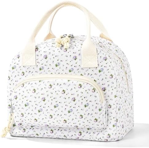TESAFNG Lunch Bag - Insulated Lunch Box for Women, Reusable Large Capacity Cooler Bag for Adult, Small Leakproof Cute Corduroy Lunch Tote for Work Office Travel Picnic (Purple Flower)