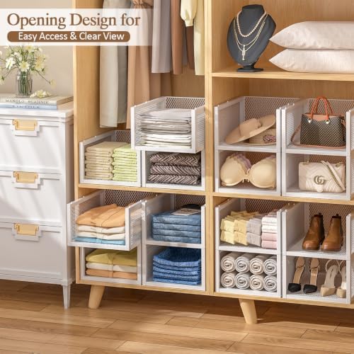 3 Pack Stackable Closet Organizers and Storage Basket, Wire Closet Shelf Organizer Storage Bins, Pull-Out Sweatshirt Organizer for Wardrobe Cupboard, Space-Saving Cube Clothes Storage Drawer, White