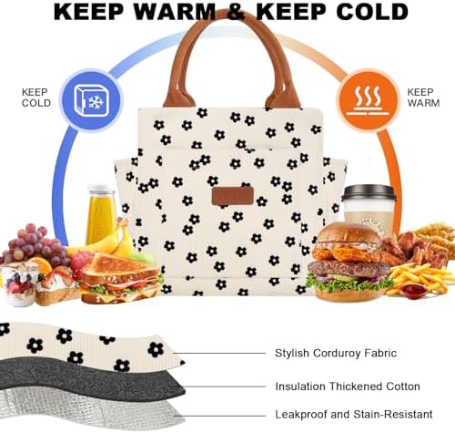 Joymee Lunch Bag Women Insulated Corduroy Reusable - Black Floral