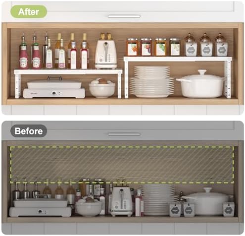 RUILALIFE Expandable Cabinet Organizer Shelf With Adjustable Height, Stackable Kitchen Countertop Organizer Rack, Adjustable Shelf Riser For Kitchen Counter, Pantry, Cupboard, Desk, Tabletop