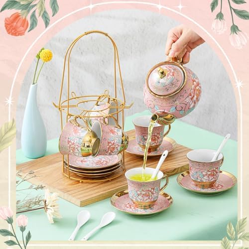 Zhehao 20 Pcs Porcelain Tea Set for Adult, with Metal Holder, Pink