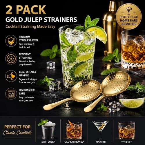 Boao 2 Pack Julep Strainers Stainless Steel Strainer Cocktail Spoon, Gold