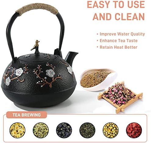 Cast Iron Teapot SECHUDO Teapot for Stovetop Safe Coated with Enameled Interior,Japanese Beautiful Tea Kettle with Stainless Steel Infuser for Loose Tea (40.6oz/1200ml)