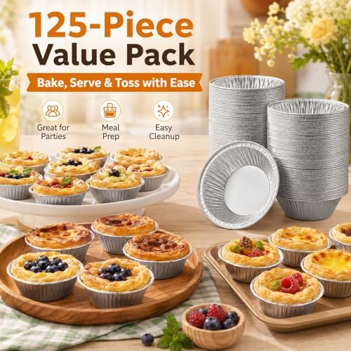 RHBLME 125 PACK Mini Pie Tins, 5 Inch Aluminum Foil Pie Pans Heavy Duty Small Pie Tins, Pot Pie Pans For Bakeries, Cafes, Restaurants, Durable Mini Tart Pans for Pie, Fruit Tarts, Quiche