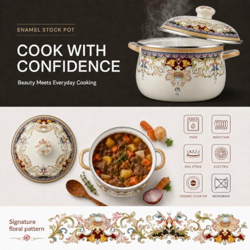 2.5 Qt Enamel Stock Pot with Lid, Floral Soup Pots for Cooking