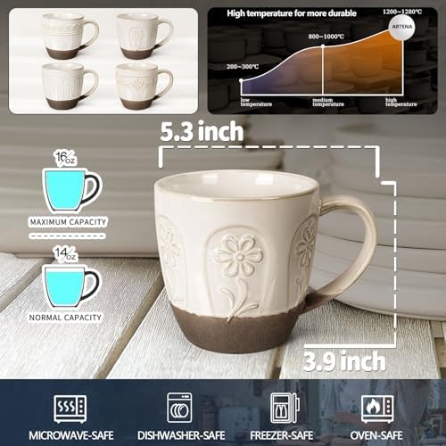 Artena Ceramic Coffee Mugs Set of 4, 16oz Embossed Large Latte Mugs Coffee Cups with Handle for Tea, Latte, Cappuccino & Cocoa, Milk Dishwasher & Microwave Safe, White (Pinwheel Flower)