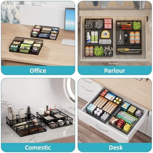 Marbrasse 2 Pack Desk Drawer Organizer, Mesh Drawer Organizer Tray with 8 Adjustable Compartments, Desk Organizers and Accessories, 5 Dividers Drawer for Office Supplies, Makeup & Vanity (Black)