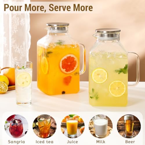 2 Pack 1 Gallon thickened Square Glass Pitcher with Lid, Classic Stripes Water Pitchers for Fridge, Borosilicate Glass Carafe for Hot/Cold Brew Drink, Extra Large Jug with Handle for Iced Tea, Coffee