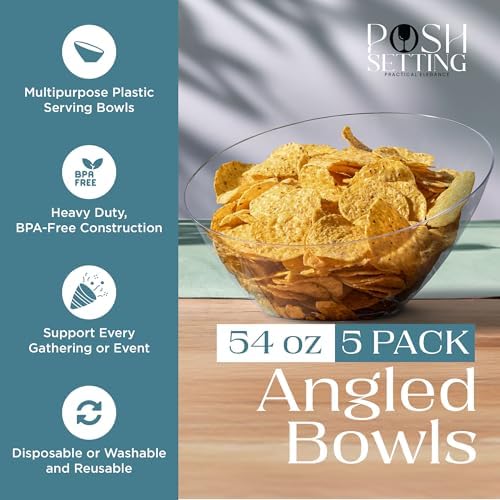 5 Pack Clear Angled Plastic Serving Bowl Disposable for Party Table 54oz
