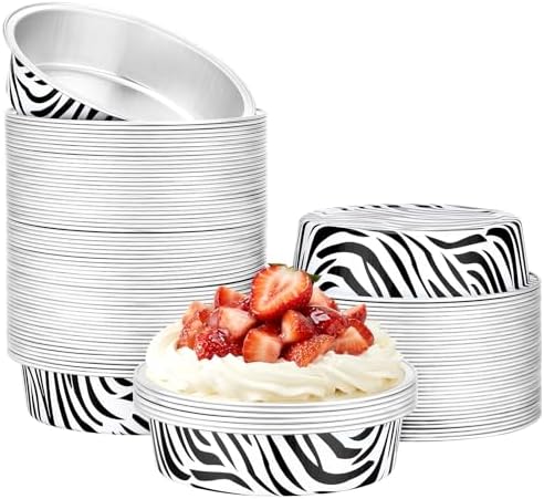 Beasea Disposable Baking Cups, 100 Pack 7.3oz 215ml Aluminum Foil Ramekins Only, 4" Mini Tart Pie Cups No Lids Baking Tin Ramekin for Party Cupcake Cheesecake Pie - Zebra Stripes