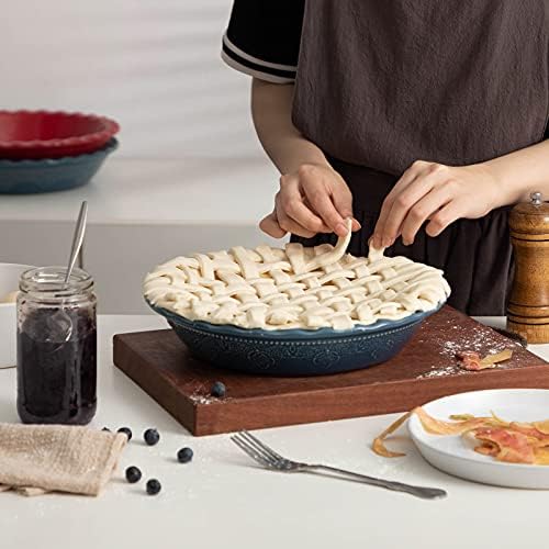 Fun Elements Pie Pan, 9 Inch Ceramic Pie Dish, Deep Dish Pie Pan with Lace Emboss, Ruffled Pie Plate for Baking, Thanksgiving Christmas Gifts, Set of 2, Blue