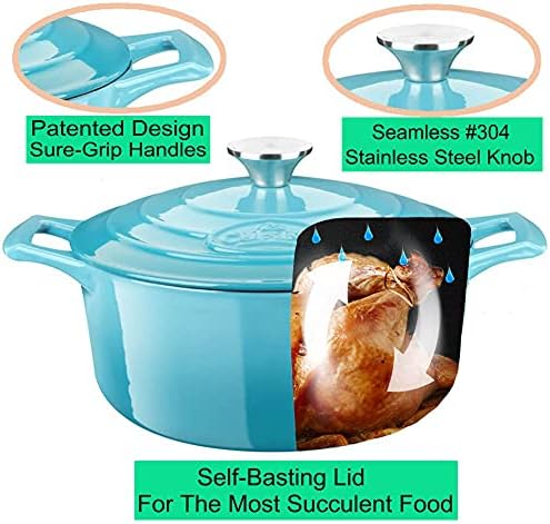 La Cuisine Enameled Cast Iron Dutch Oven Casserole Dish Pot with Lid, 3.7 QT 9.5 Inches Dia. Matte Black Enamel Interior, Teal Porcelain Enamel Exterior Oven-Safe