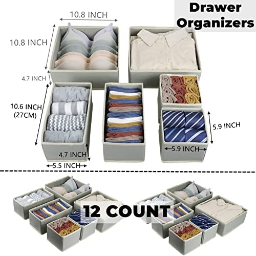 Fordonral 12 Pack Drawer Organizer Clothes, Foldable Fabric Dresser Organizer Closet Organizers and Storage Box for Underwear,Folded Clothes,Baby Clothing,Socks,Bra,Towels,Ties(12 Pack,Gray)