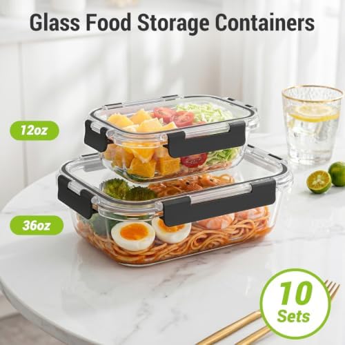 10 Sets 36 oz & 12 oz Glass Food Storage Containers with lids, Black