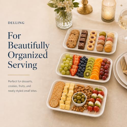 DELLING 12 Inch Serving Platter Set of 3, White Rectangular Serving Plates, Porcelain Serving Trays for Party Entertaining, Large Platters for Meat Sushi Appetizer, Oven Microwave Dishwasher Safe