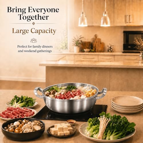 Delarlo Tri-Ply Stainless Steel Hot Pot 14 inch Everyday pan With lid,7QT