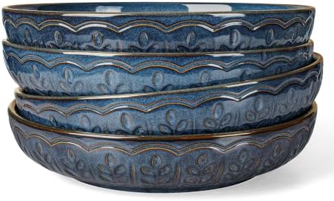 Artena Pasta Bowls, 50oz Large Salad Serving Bowls, 9.75'' Plates Bowls Set of 4, Big Ceramic Soup Bowls for Kitchen, Embossment Shallow Dinner Bowl, Microwave Dishwasher Safe, Wheat Leaf, Blue
