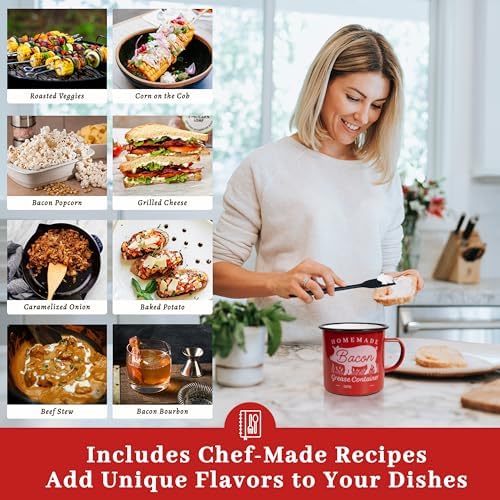 Ayerphalo Bacon Grease Container with Strainer - With Food-Grade Silicone Spatula, 24oz Enamel Rustic Farmhouse Fat Container, Keeper, Recipes, Dishwasher Safe