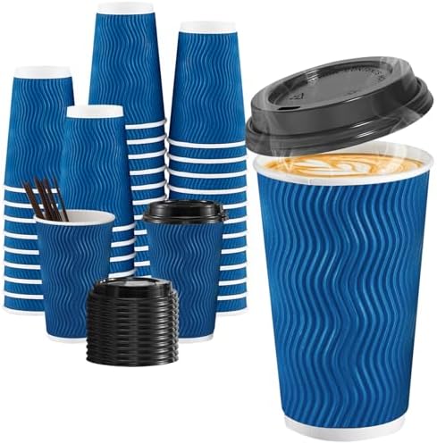 SIUQ 90 Pack 16 oz Disposable Coffee Cups with Lids and Straws - Navy